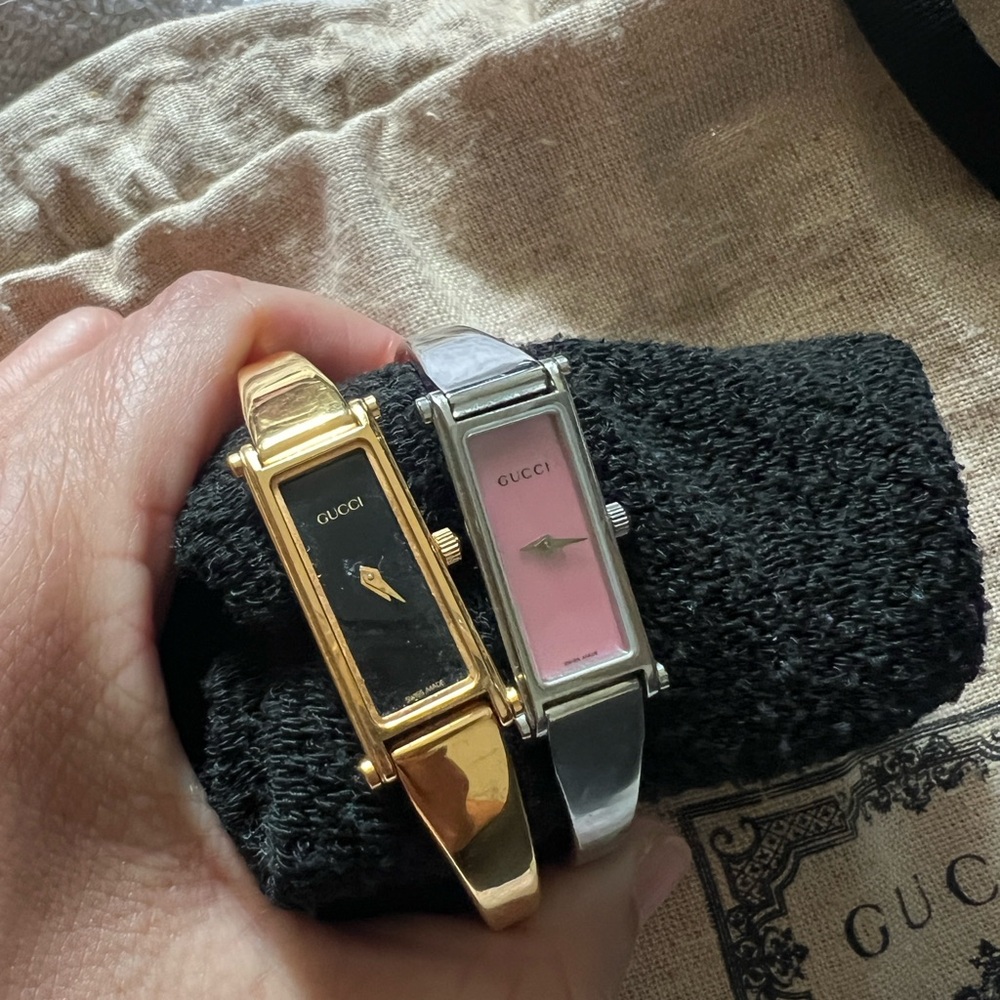 Gucci Gold and Pink Rectangular Watches